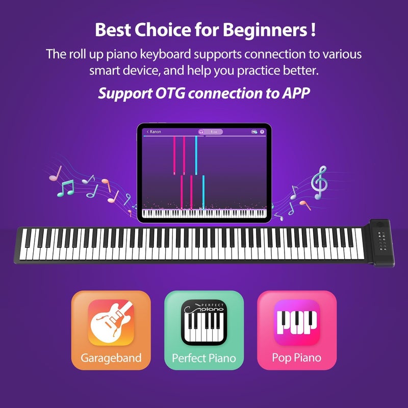 MARVTOWN 88Keys Roll Up Piano, Portable Fordable Rechargeable Hand Roll Keyboard Piano, 108 Rhythms, 128 Tones,Waterproof electric Keyboard Piano with MIDI Function, Best Gift for Kids and Beginners - Image 2